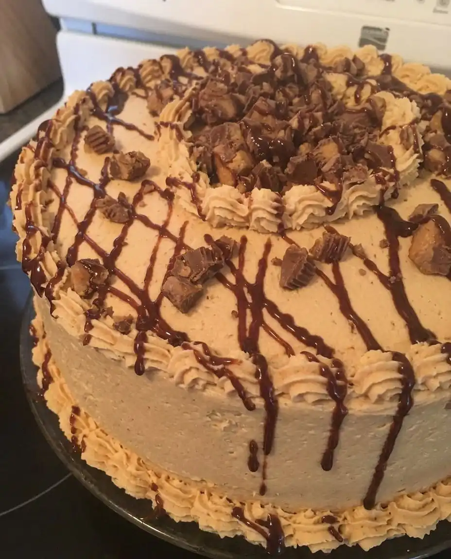 Old-Fashioned Peanut Butter Cake 14 A thick slice of peanut butter cake with creamy frosting on a white plate.