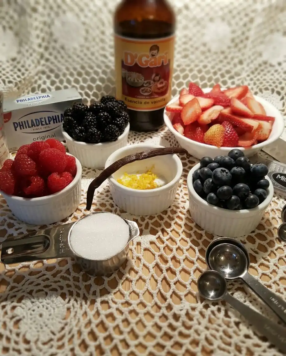 Fresh strawberries blueberries cream cheese and marshmallows arranged on a wooden table