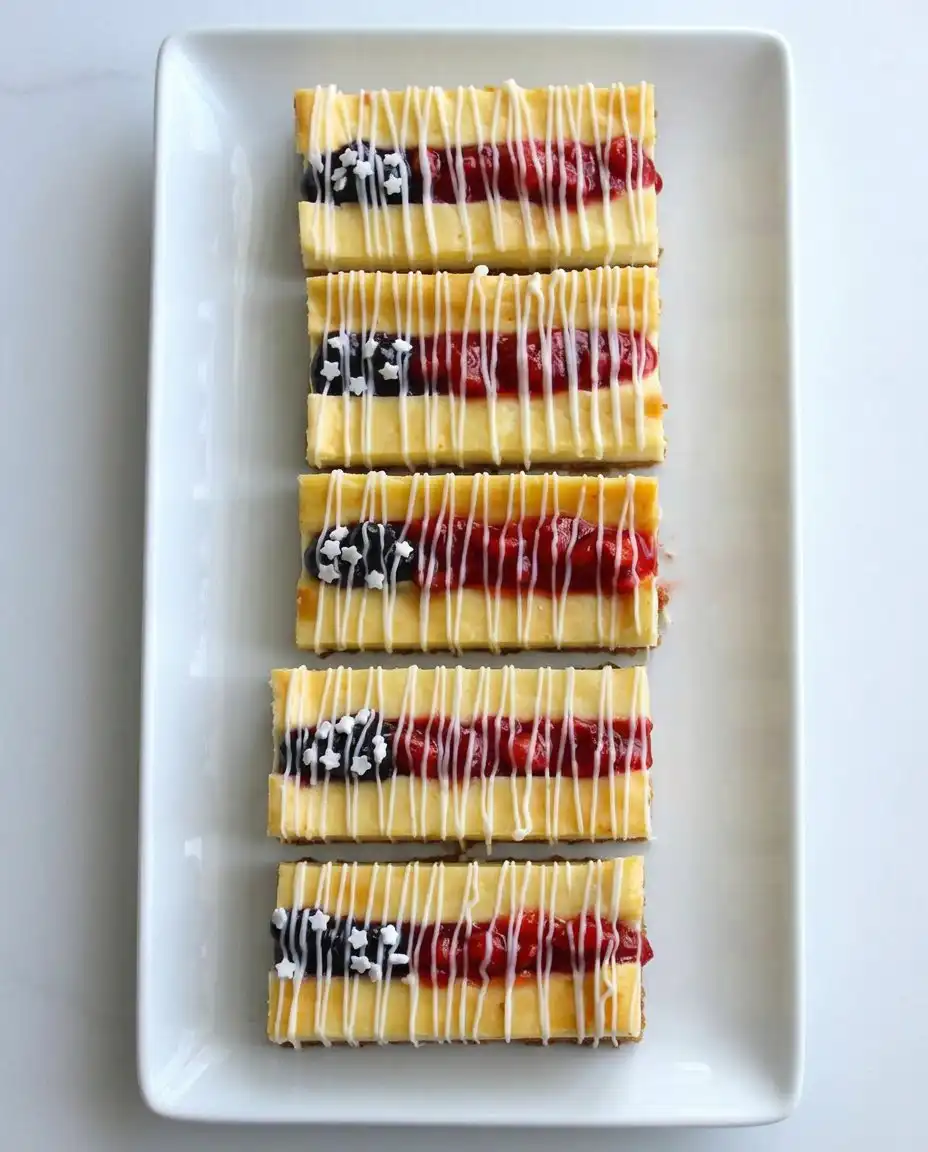 Cheesecake bars decorated with a strawberry and blueberry flag design