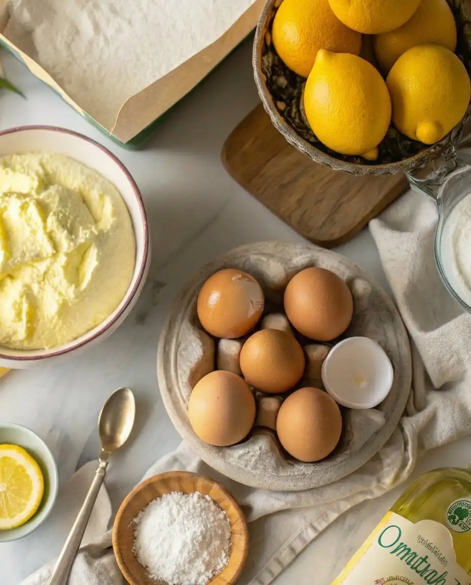 Fresh yellow lemons and brown farmhouse eggs on a kitchen counter.