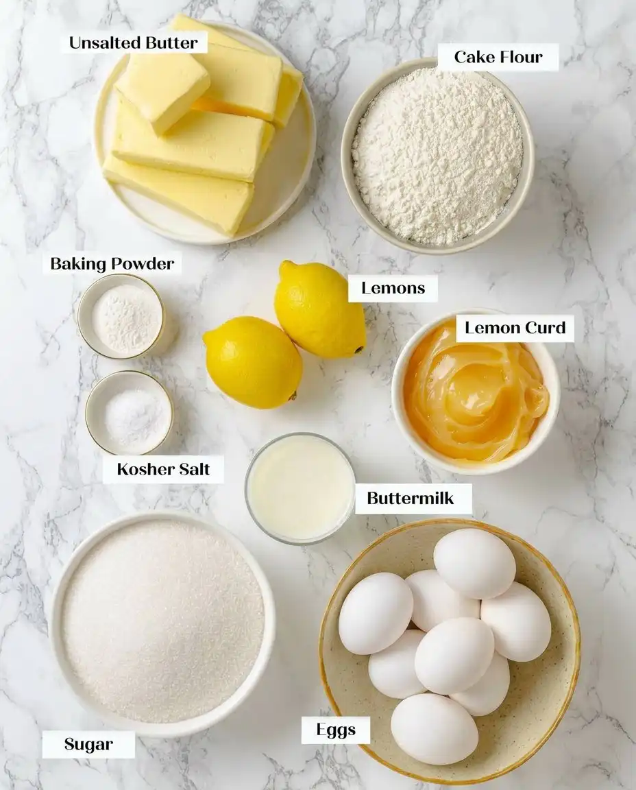 Fresh lemons flour and butter on a wooden counter