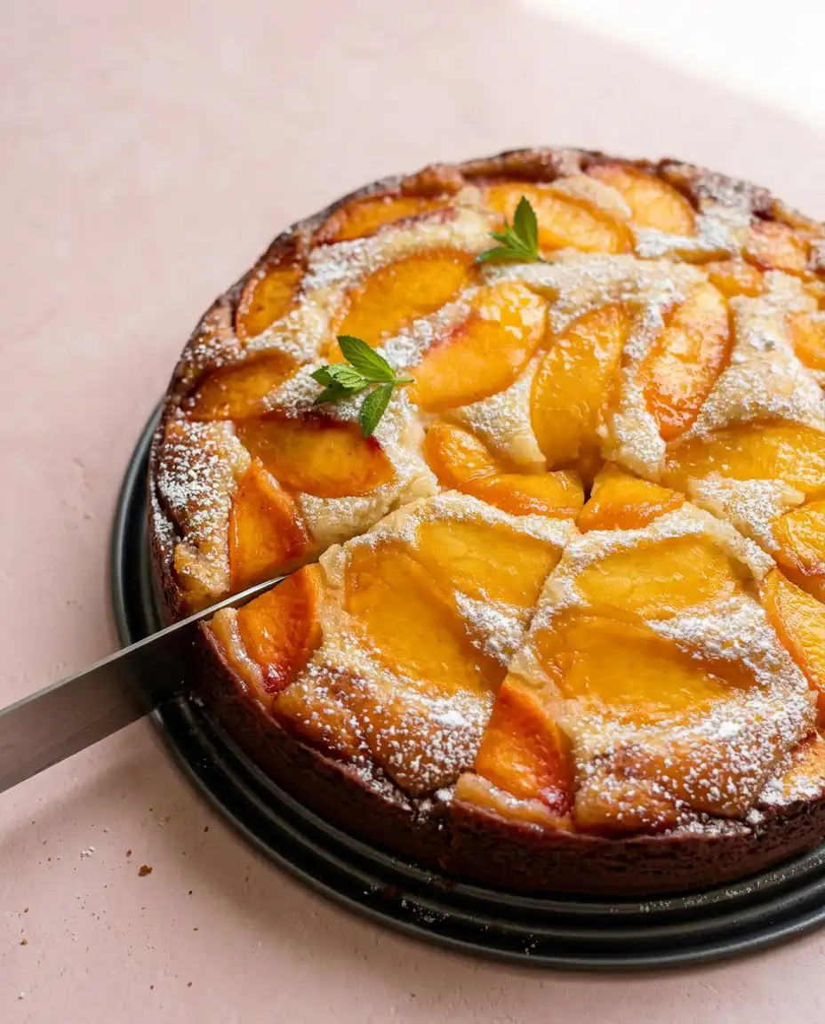 Fresh Peach Cake 12 A golden brown Fresh Peach Cake resting on a wire cooling rack in a sunny kitchen.