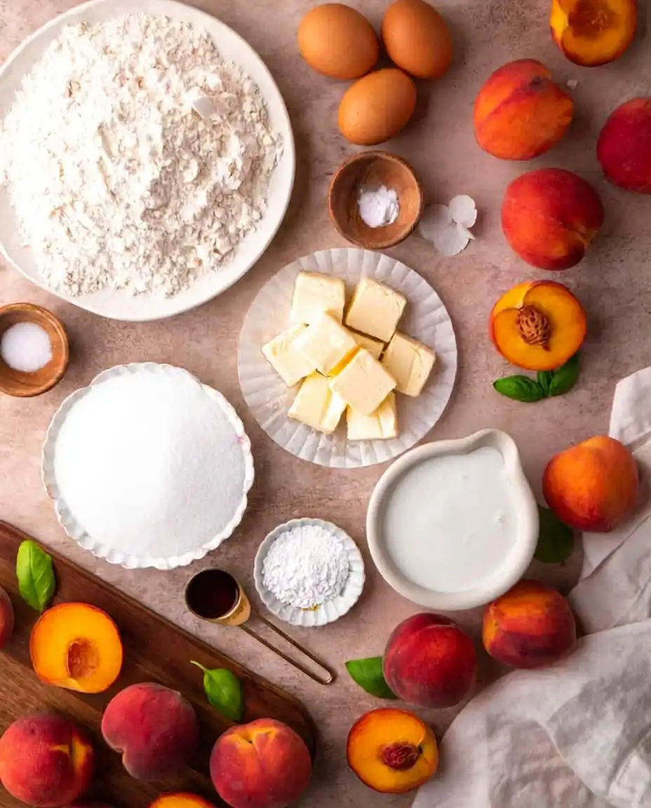 Freshly sliced peaches macerating in sugar in a ceramic bowl.