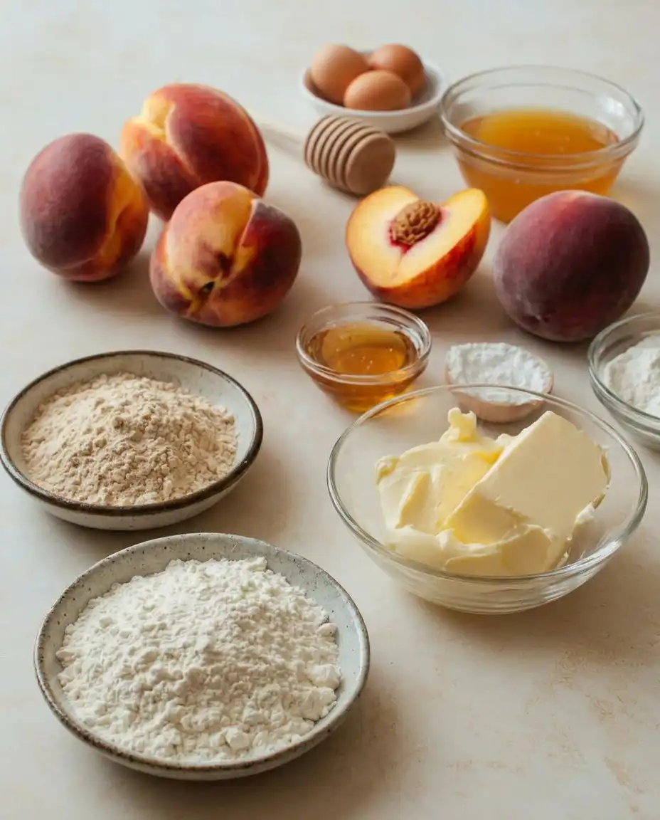 Peach & Honey Cheesecake Cupcakes 12 Fresh ripe peaches and a jar of golden honey on a wooden kitchen counter.