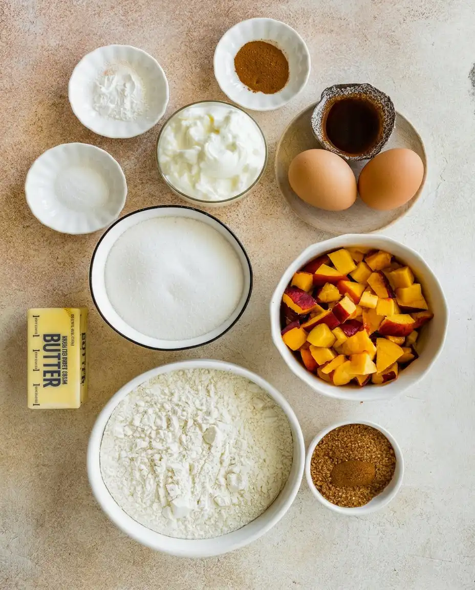 Ina Garten Peach Cake 12 Mise en place for peach cake including measured flour, butter, and sliced peaches.