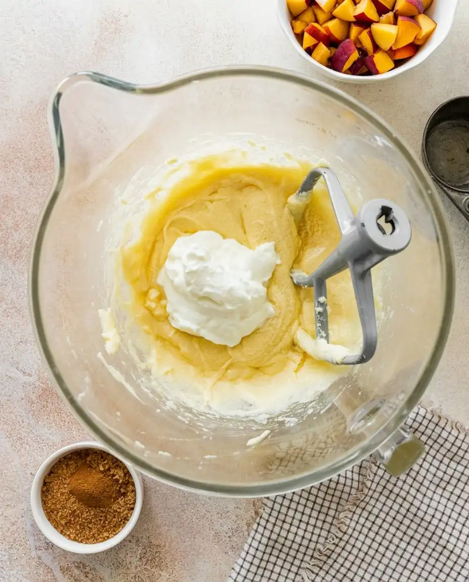 Freshly sliced peaches next to bowls of flour sugar and milk.