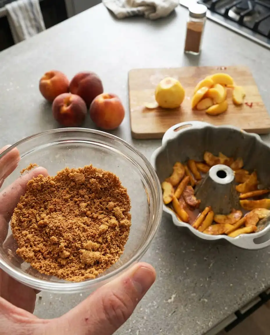 Slices of fresh peaches next to bowls of cinnamon, nutmeg, and brown sugar.