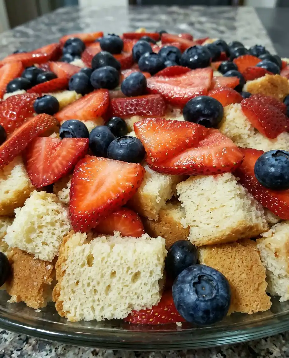 4th of July Trifle 12 Freshly washed strawberries and blueberries next to a sliced store-bought angel food cake on a cutting board.