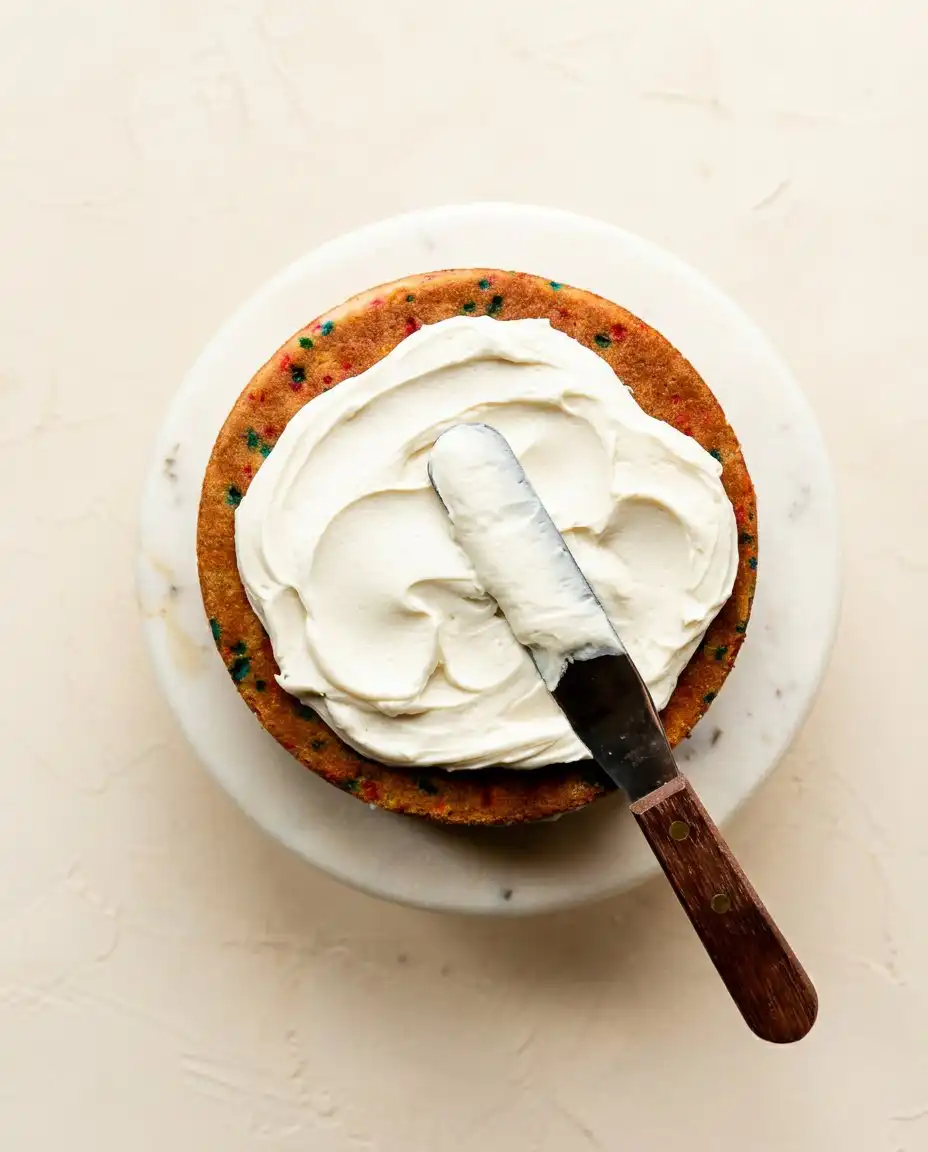 Applying white vanilla buttercream to a Funfetti Birthday Layer Cake with an offset spatula.