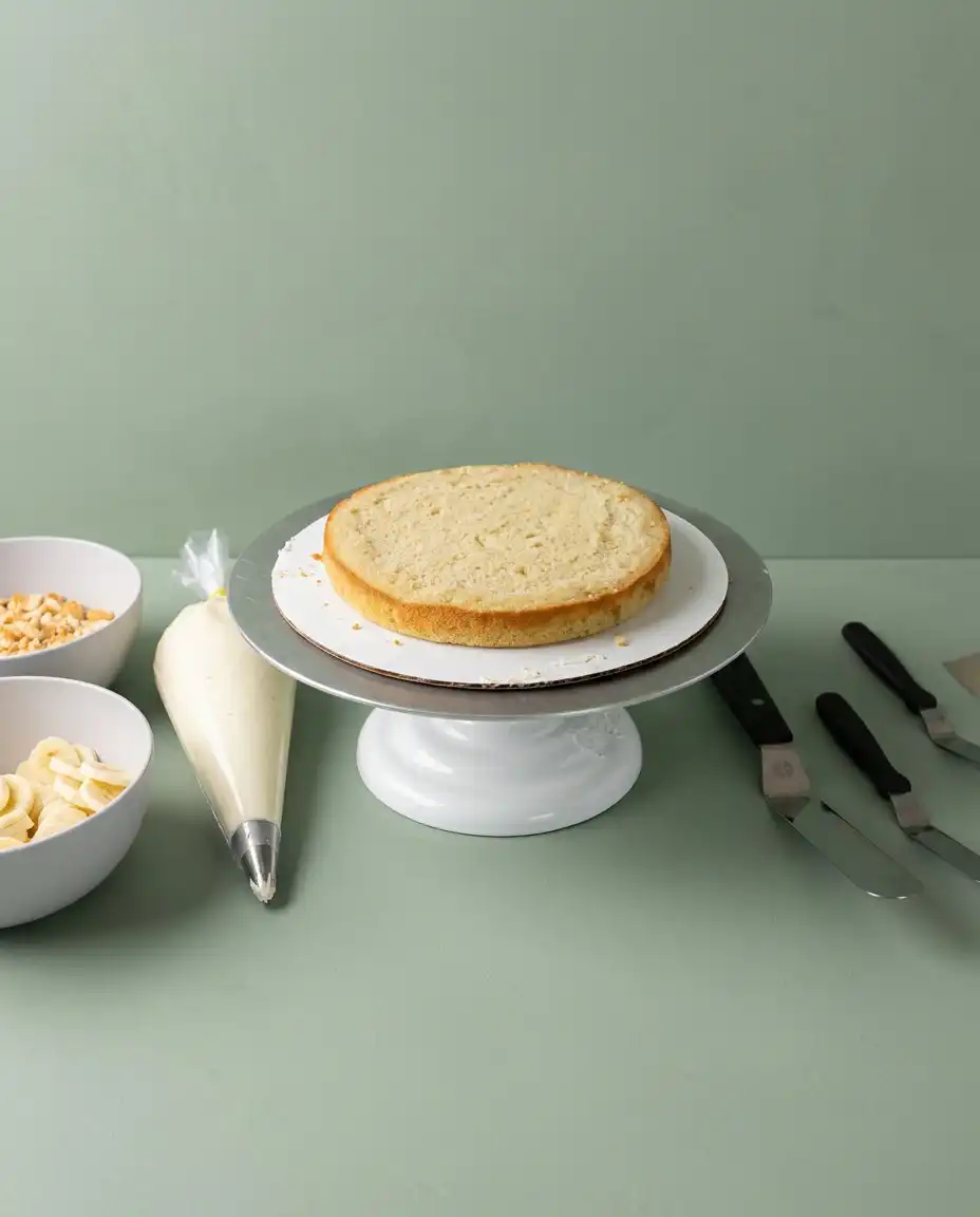 A baker applying yellow buttercream frosting to a Banana Pudding Layer Cake with an offset spatula.