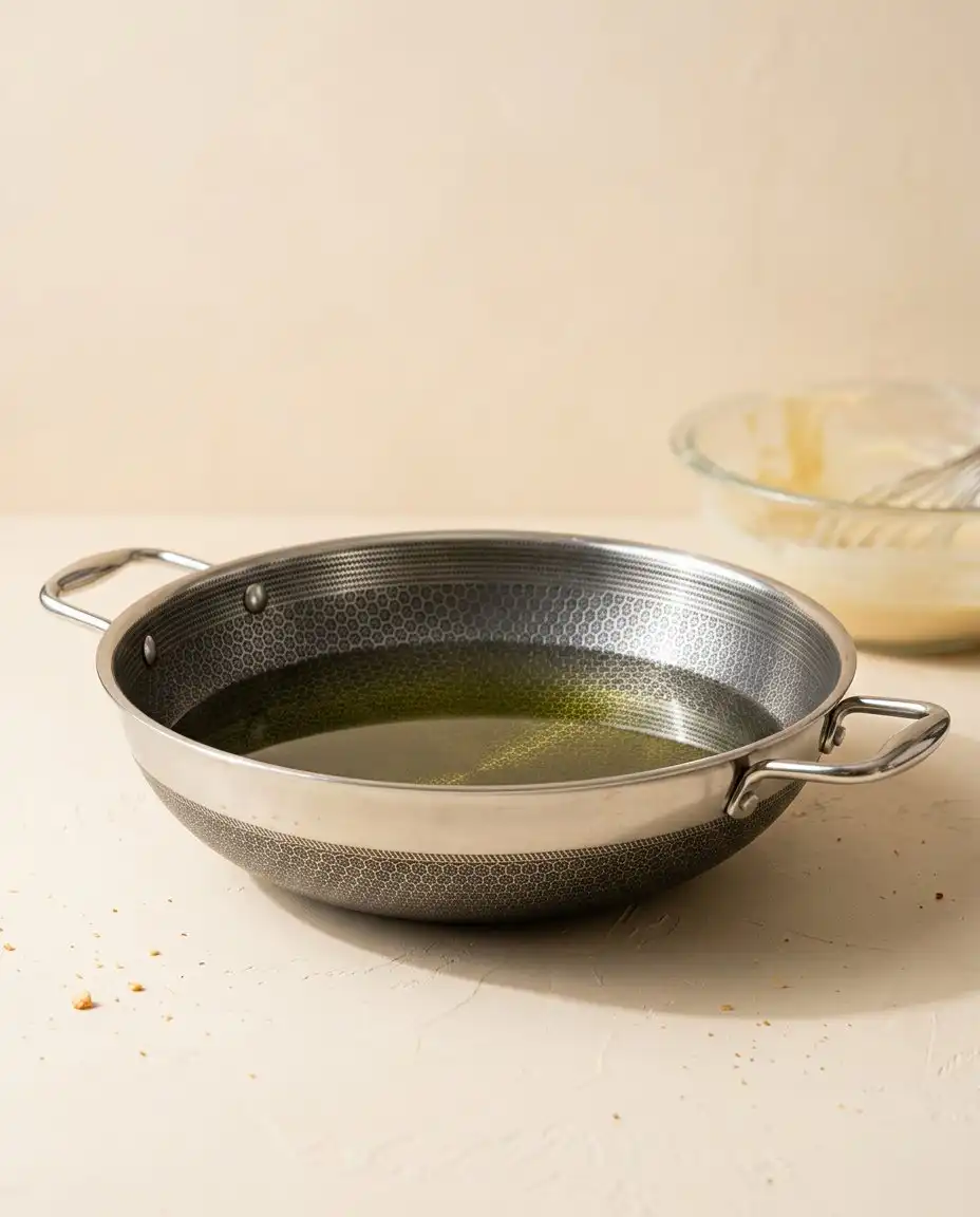 Classic Carnival Funnel Cake batter being poured into hot oil in a spiral.