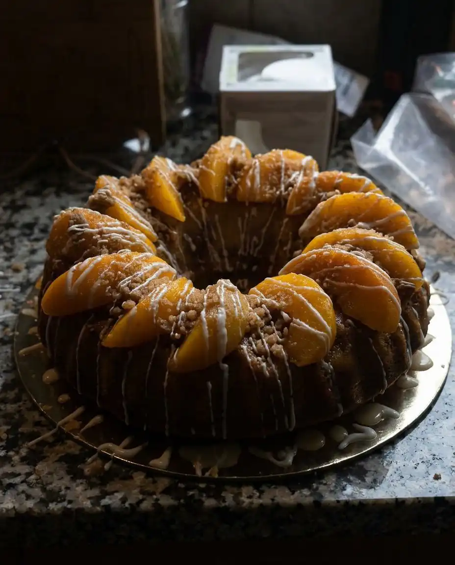 A slice of peach pound cake served with a scoop of vanilla ice cream and fresh mint.