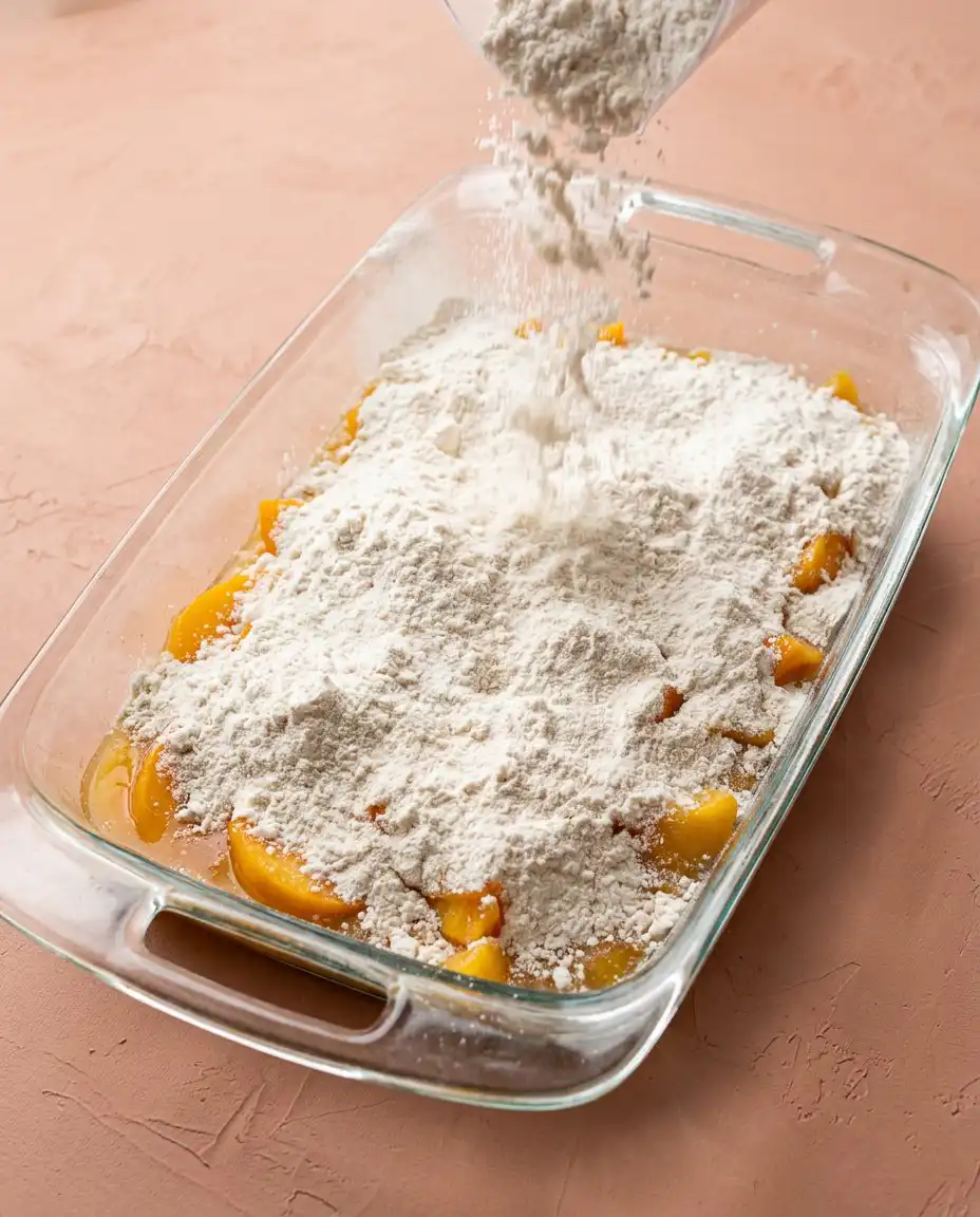 Close up of the buttery texture on a 3-Ingredient Peach Cobbler Dump Cake crust.