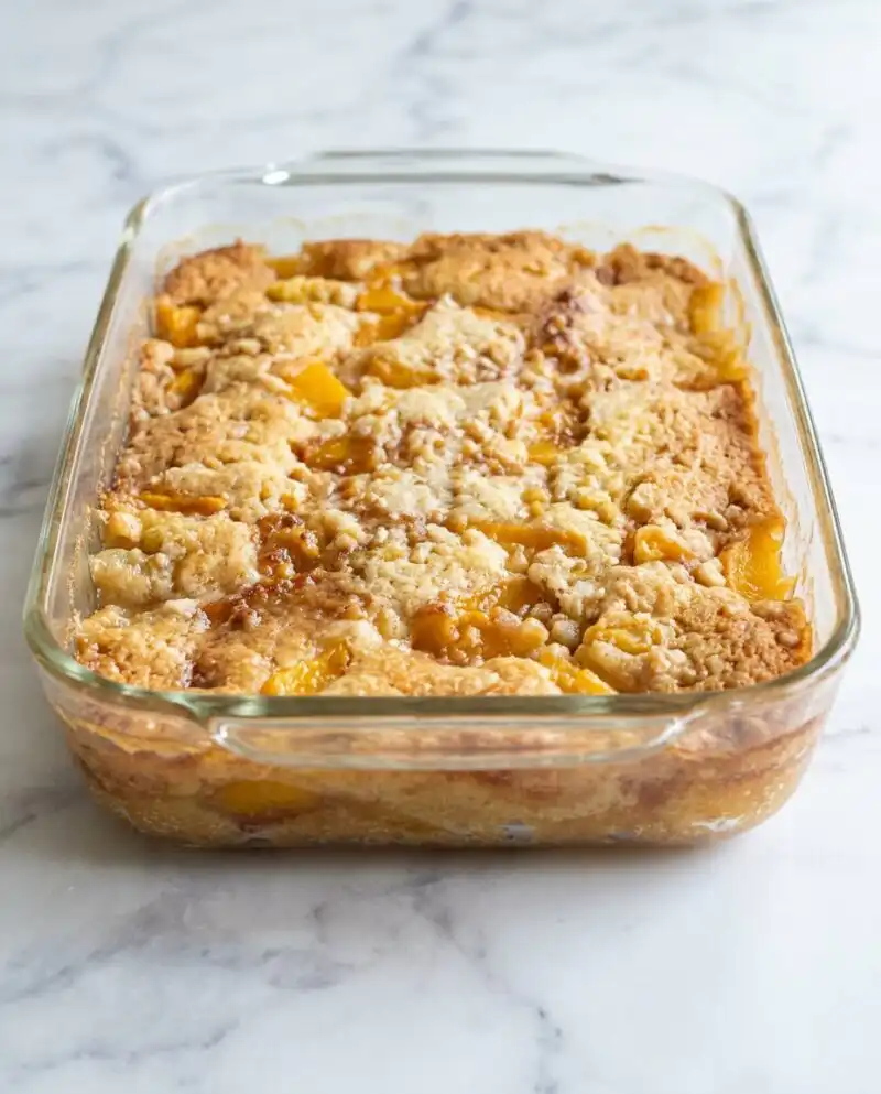 A golden brown Canned Peach Dump Cake with Yellow Cake Mix bubbling in a glass dish.