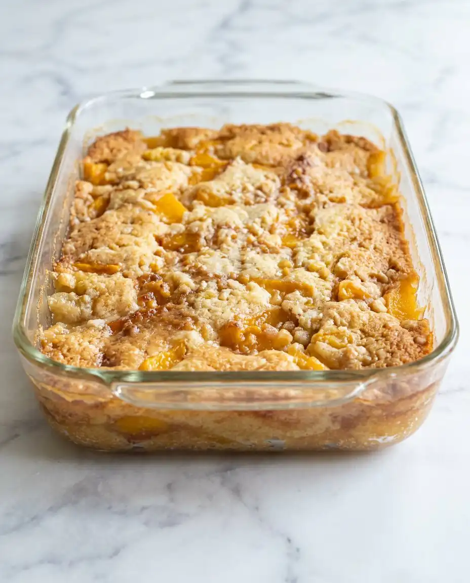 Canned Peach Dump Cake with Yellow Cake Mix 12 A golden brown Canned Peach Dump Cake with Yellow Cake Mix bubbling in a glass dish.