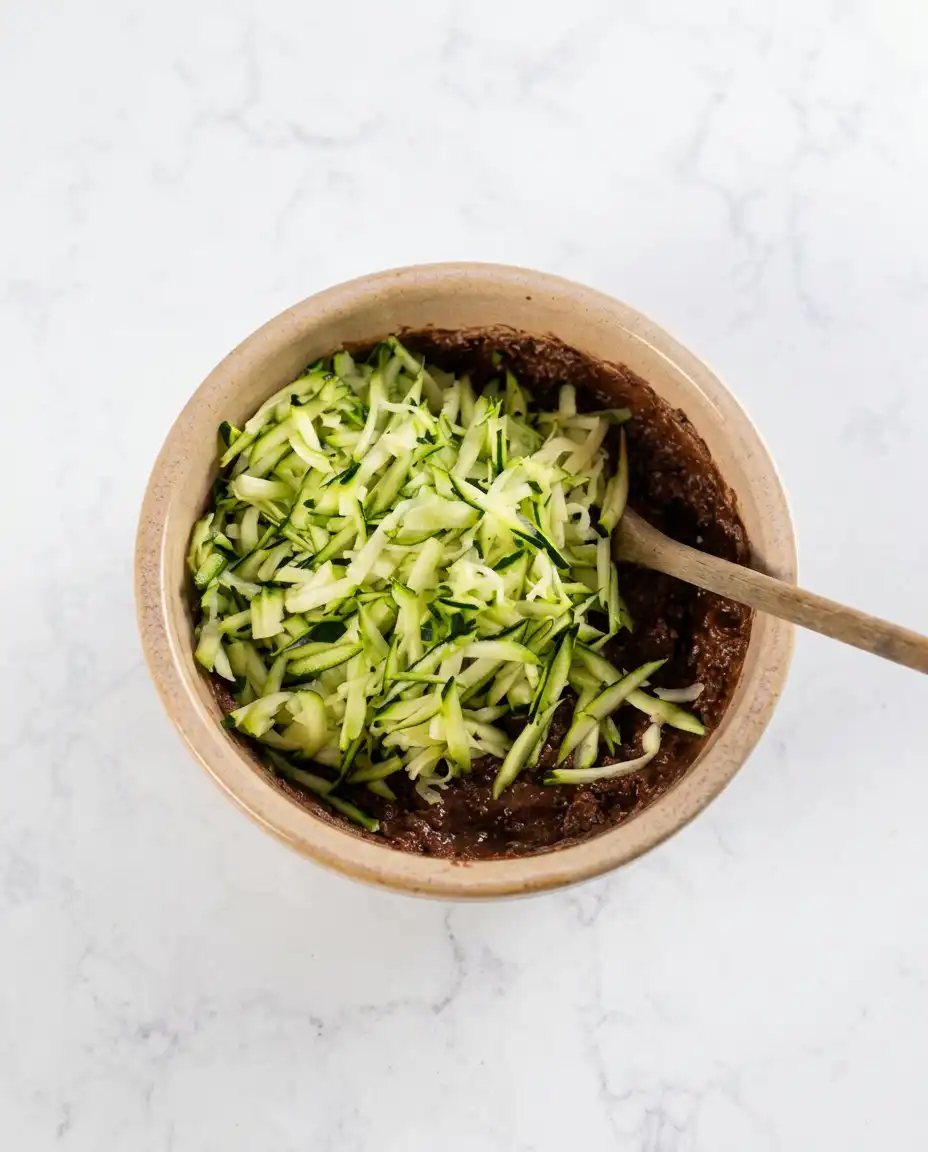 Dairy-Free Chocolate Zucchini Cake 15 A person grating fresh green zucchini to add to a Dairy-Free Chocolate Zucchini Cake.