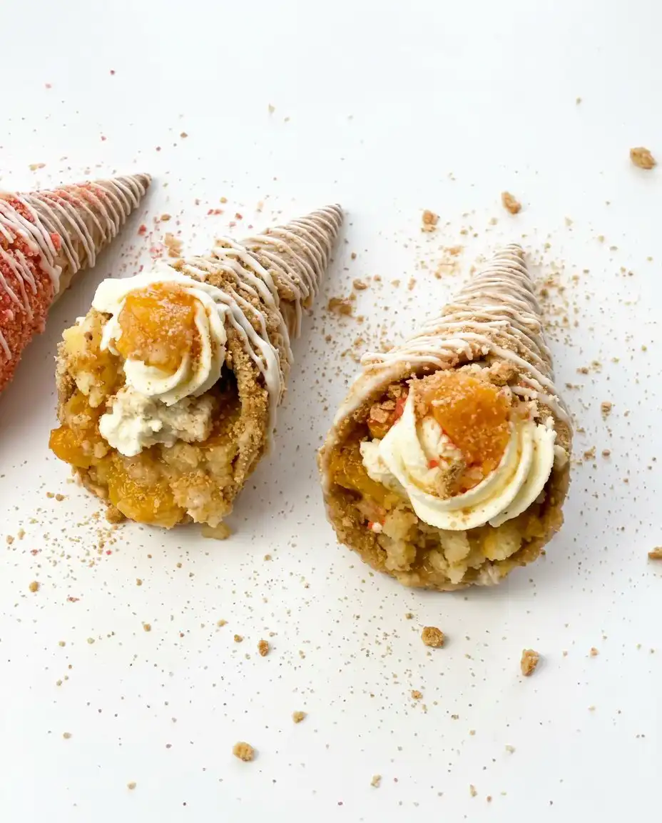 Peach Cobbler Cheesecake Cones 14 A close up of a hand holding a finished Peach Cobbler Cheesecake Cone with whipped cream.