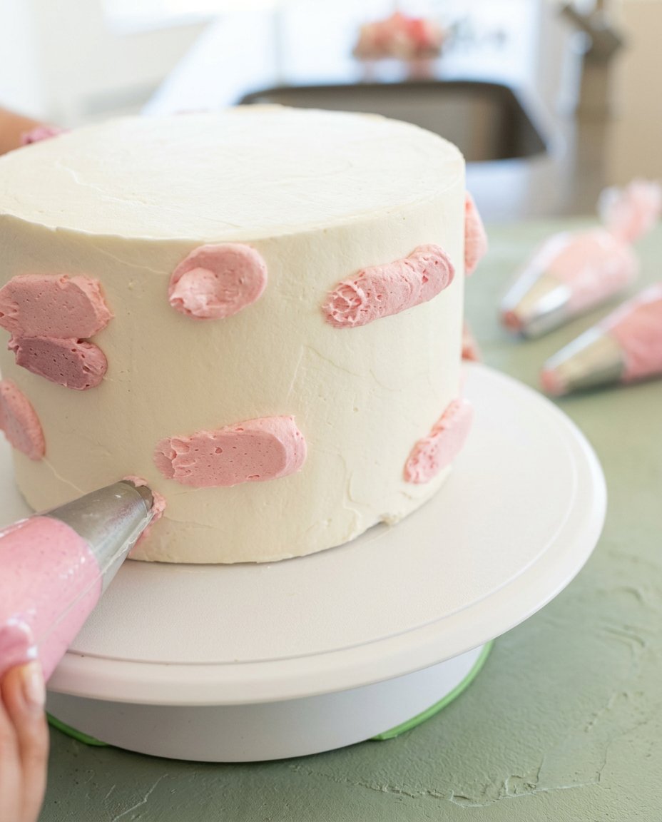 An icing smoother held against a Two-Layer Watercolor Buttercream Cake.