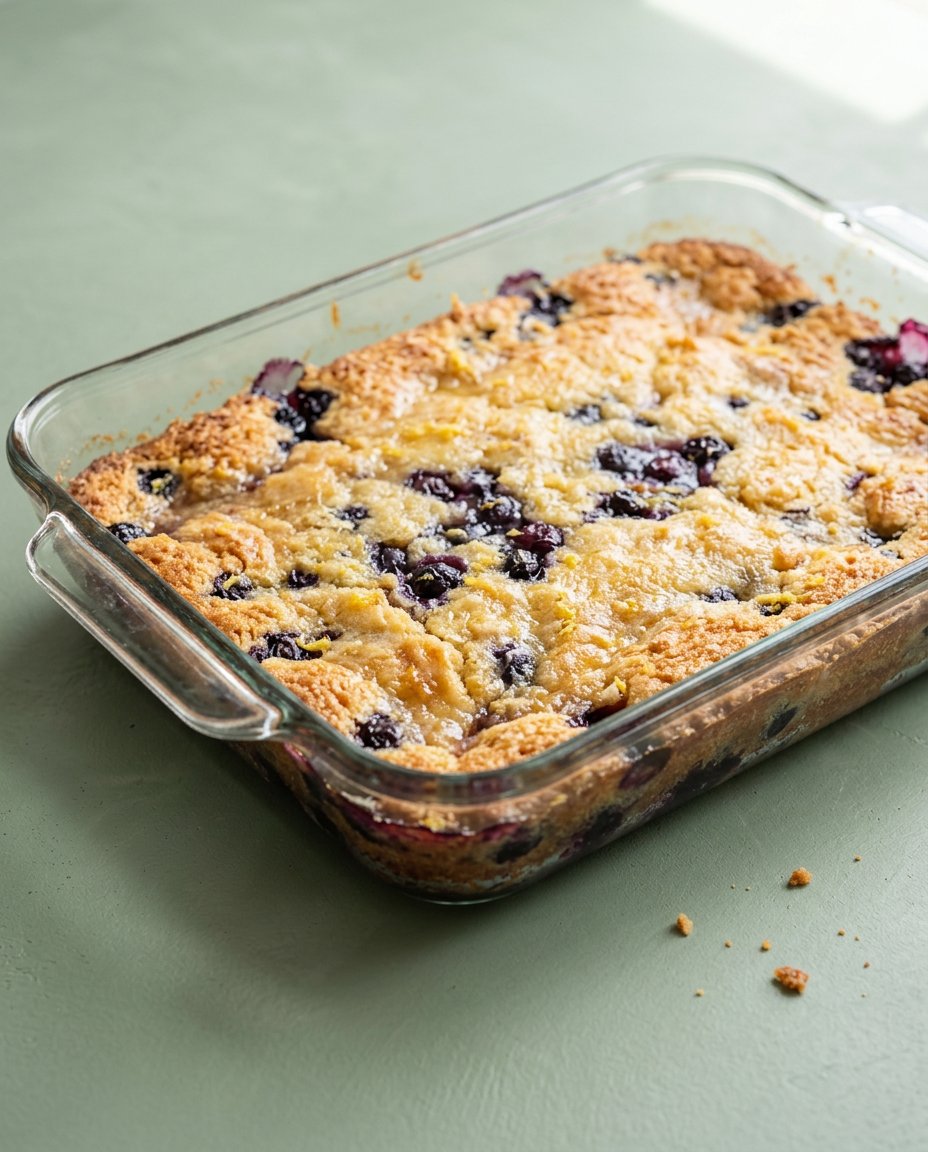Measured ingredients for blackberry dump cake with cake mix including berries and butter.