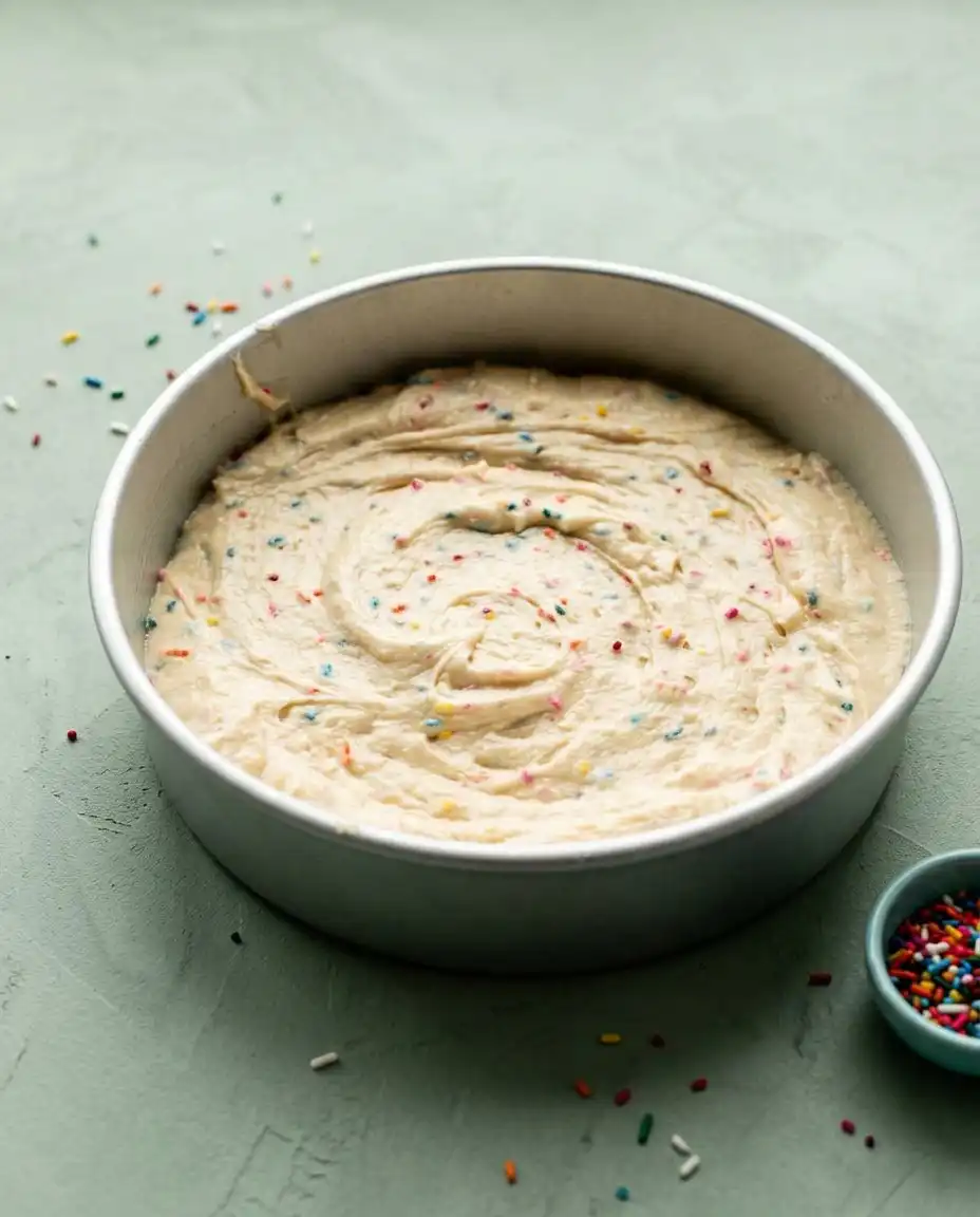 Fresh ingredients for a Funfetti Birthday Layer Cake including flour, eggs, and buttermilk.