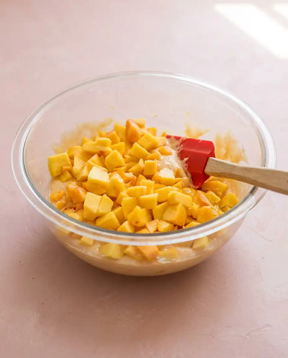 The ingredients for Peach Cake with Brown Sugar Frosting including sliced peaches and heavy cream.