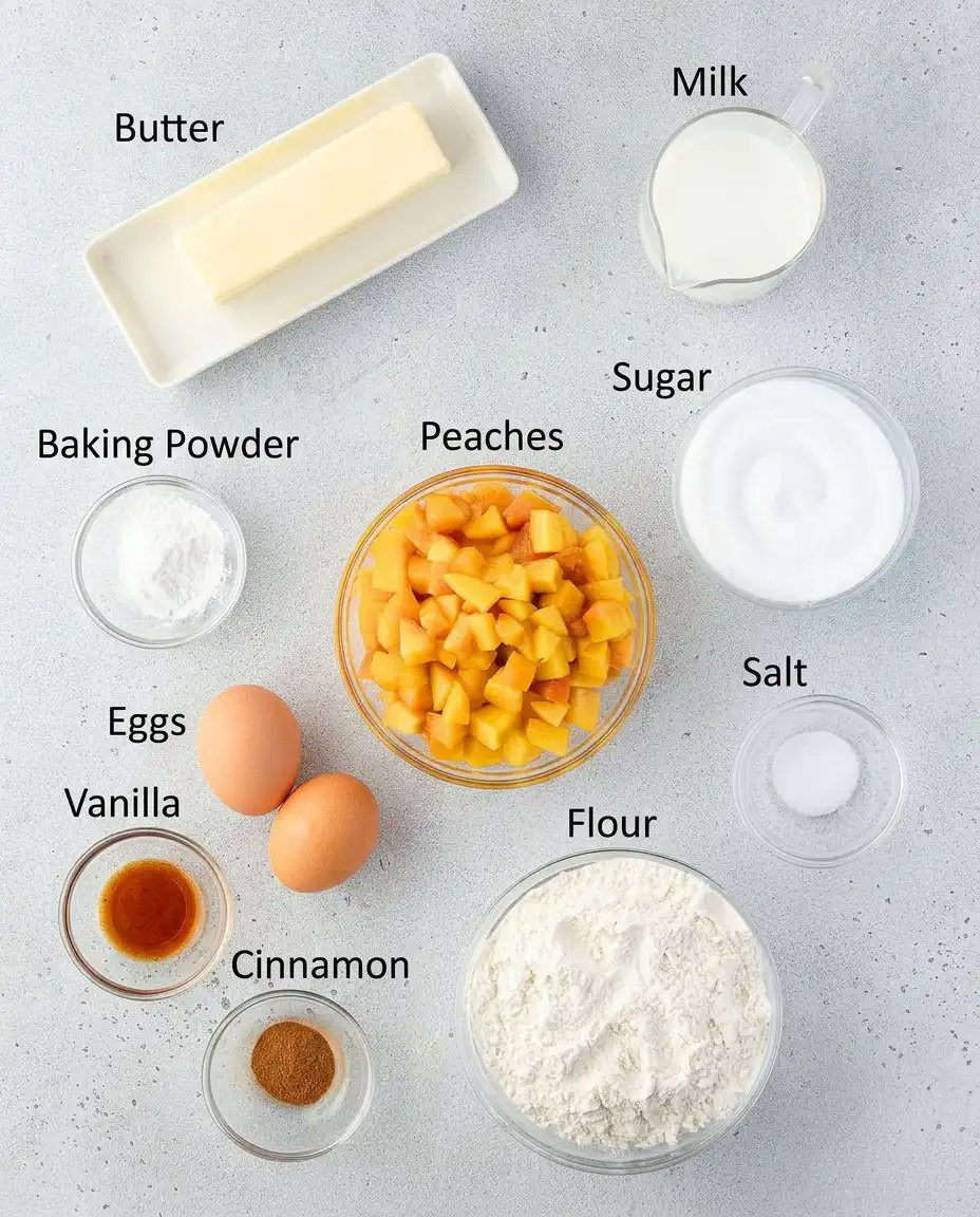 Bowls of flour peaches oats and butter for peach muffins