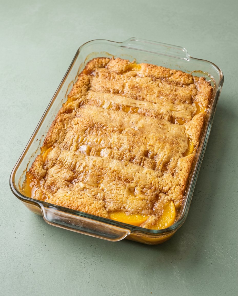Canned peaches, yellow cake mix, and butter arranged for Peach Cobbler with Yellow Cake Mix.