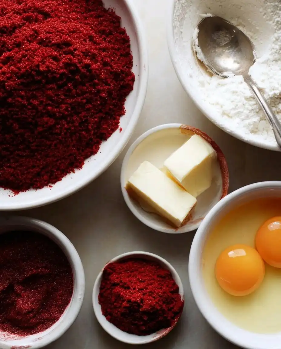 Red Velvet Cake 12 Ingredients for red velvet cake including buttermilk, cocoa powder, oil, and red gel coloring.
