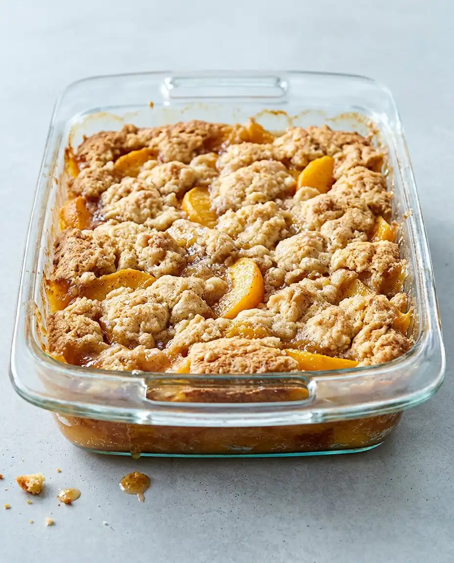 Cans of peaches, cake mix, and butter for a 3-Ingredient Peach Cobbler Dump Cake.