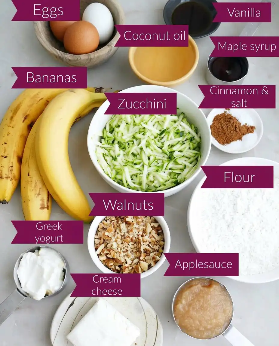 Moist Zucchini Banana Cake 12 Fresh zucchini, bananas, flour, and spices for making a moist zucchini banana cake