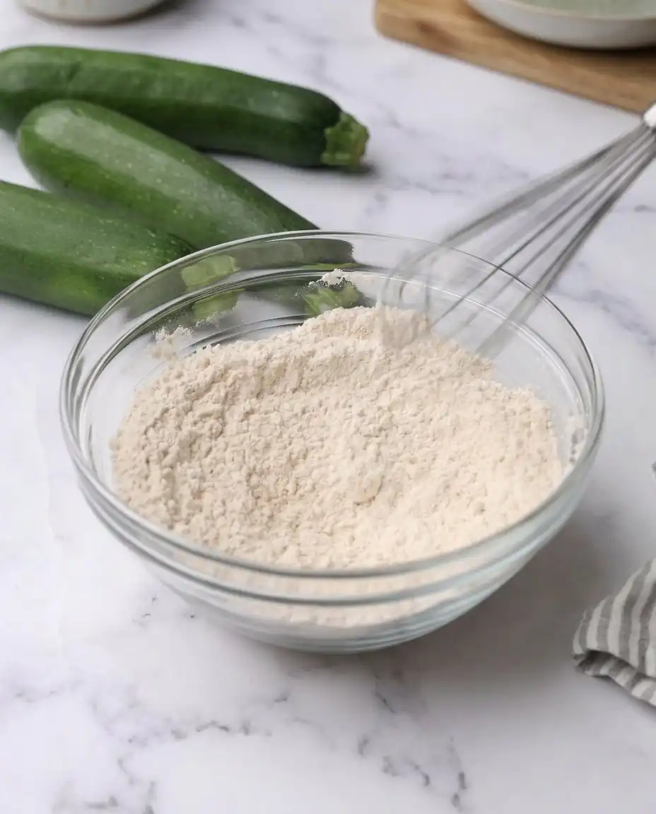 A bowl of shredded zucchini next to flour, sugar, and spices for making Zucchini Bars.