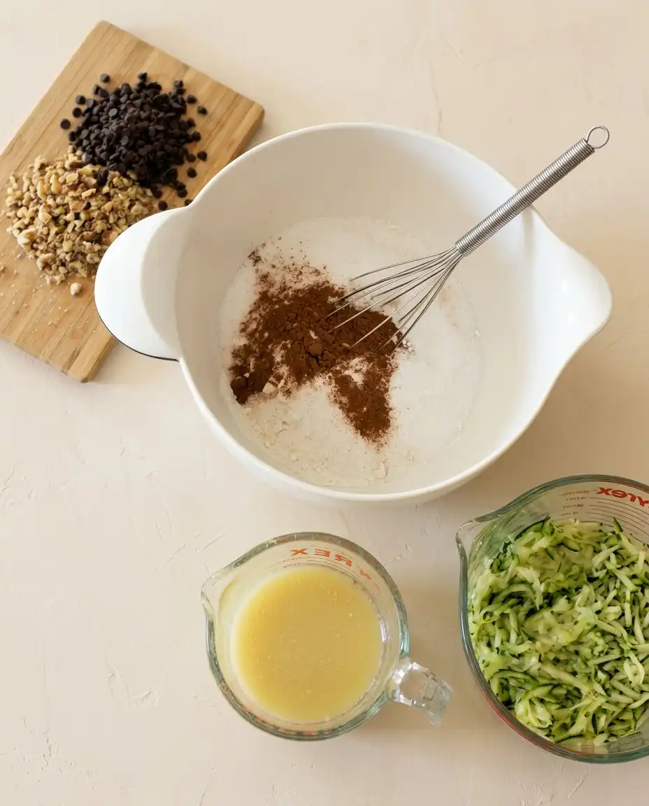Bowls of flour sugar shredded zucchini and chocolate chip zucchini muffins ingredients.
