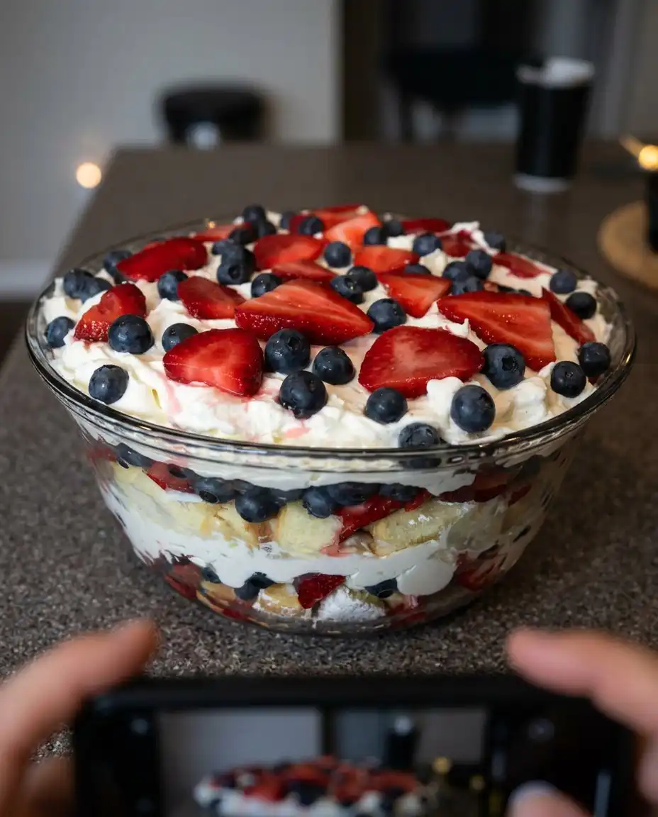 4th of July Trifle 13 A close up of sliced strawberries pressed against the inside of a glass bowl over a layer of white pudding.