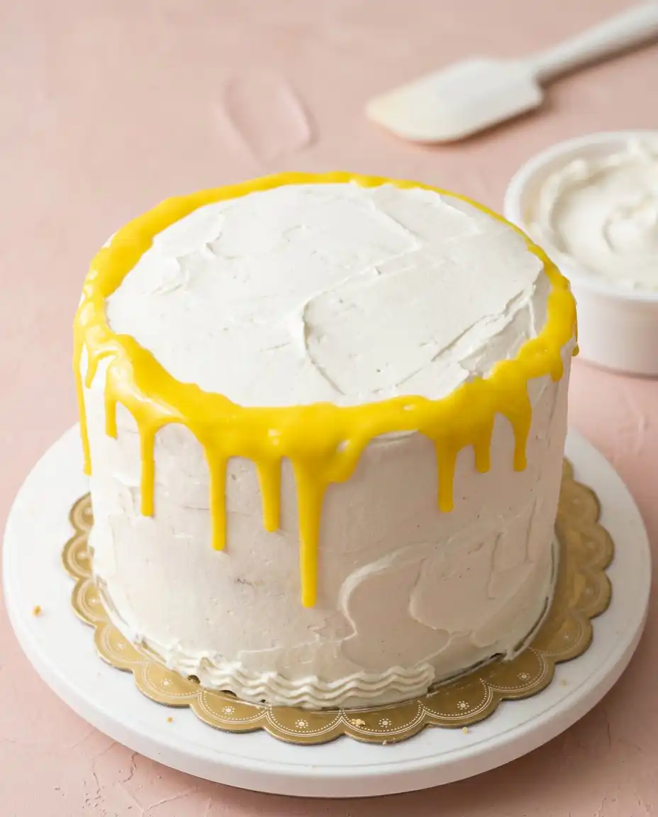 Mango Drip Cake 12 A beautiful Mango Drip Cake with golden glaze on a rustic wooden farmhouse table.