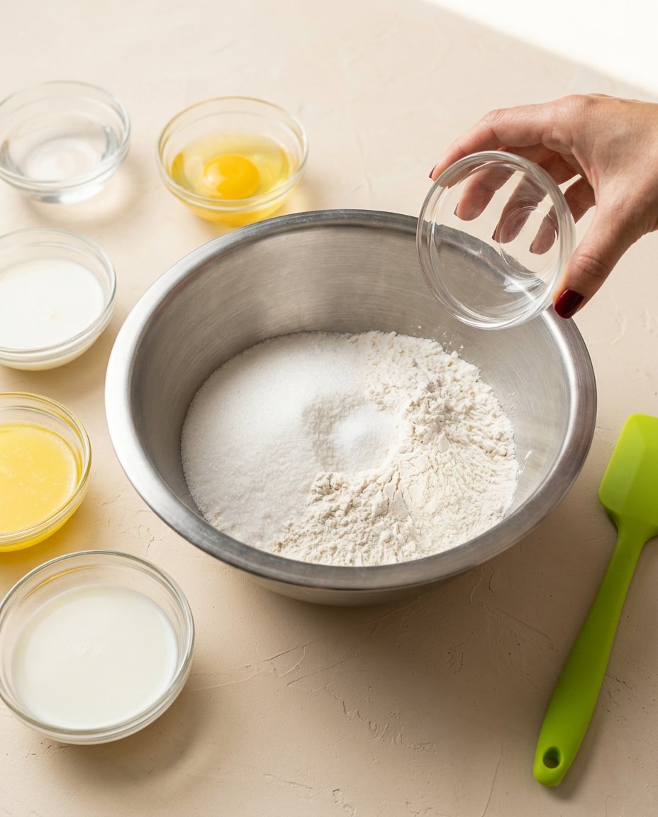 Measured ingredients for Mini Vanilla Layer Cakes including flour sugar and buttermilk.