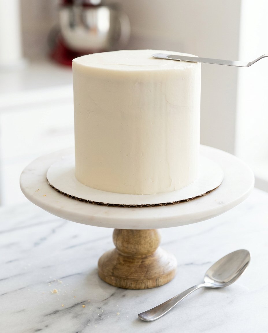 Serving suggestion for Mini Vanilla Layer Cakes on a small ceramic stand.