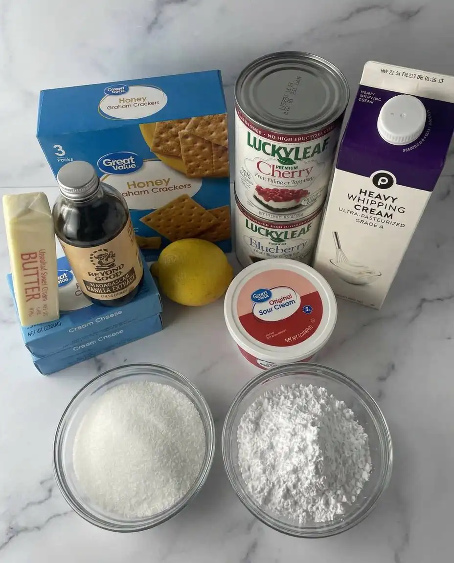 Ingredients for no-bake cheesecake including cream cheese, graham crackers, and fruit fillings.