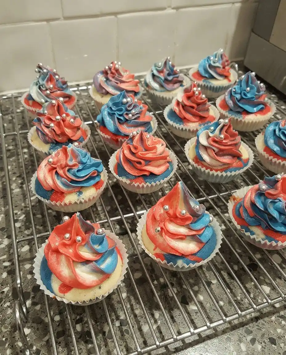 Patriotic Chocolate Cupcakes with Cake Mix 10 Finished patriotic chocolate cupcakes with red white and blue frosting and sprinkles