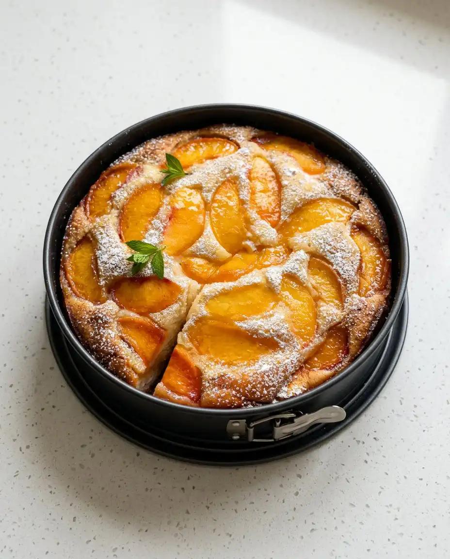 Fresh Peach Cake 16 A single slice of Fresh Peach Cake served on a decorative vintage china plate.