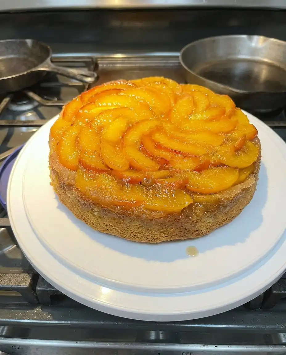 Bourbon Peach Upside Down Cake 14 A slice of bourbon peach upside down cake served with a scoop of vanilla ice cream.