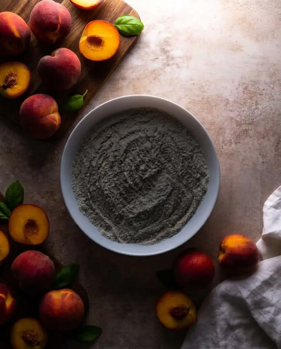 Patti Labelle’s Peach Cobbler 12 Ingredients for peach cobbler including canned peaches, agave syrup, cinnamon, and orange zest.
