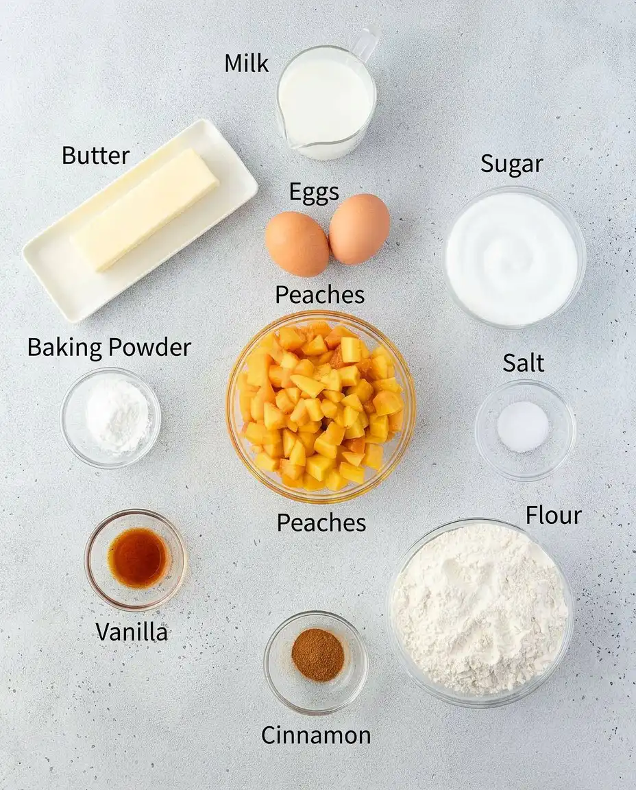 An organized display of ingredients for peach cobbler muffins including diced peaches, flour, and cinnamon.