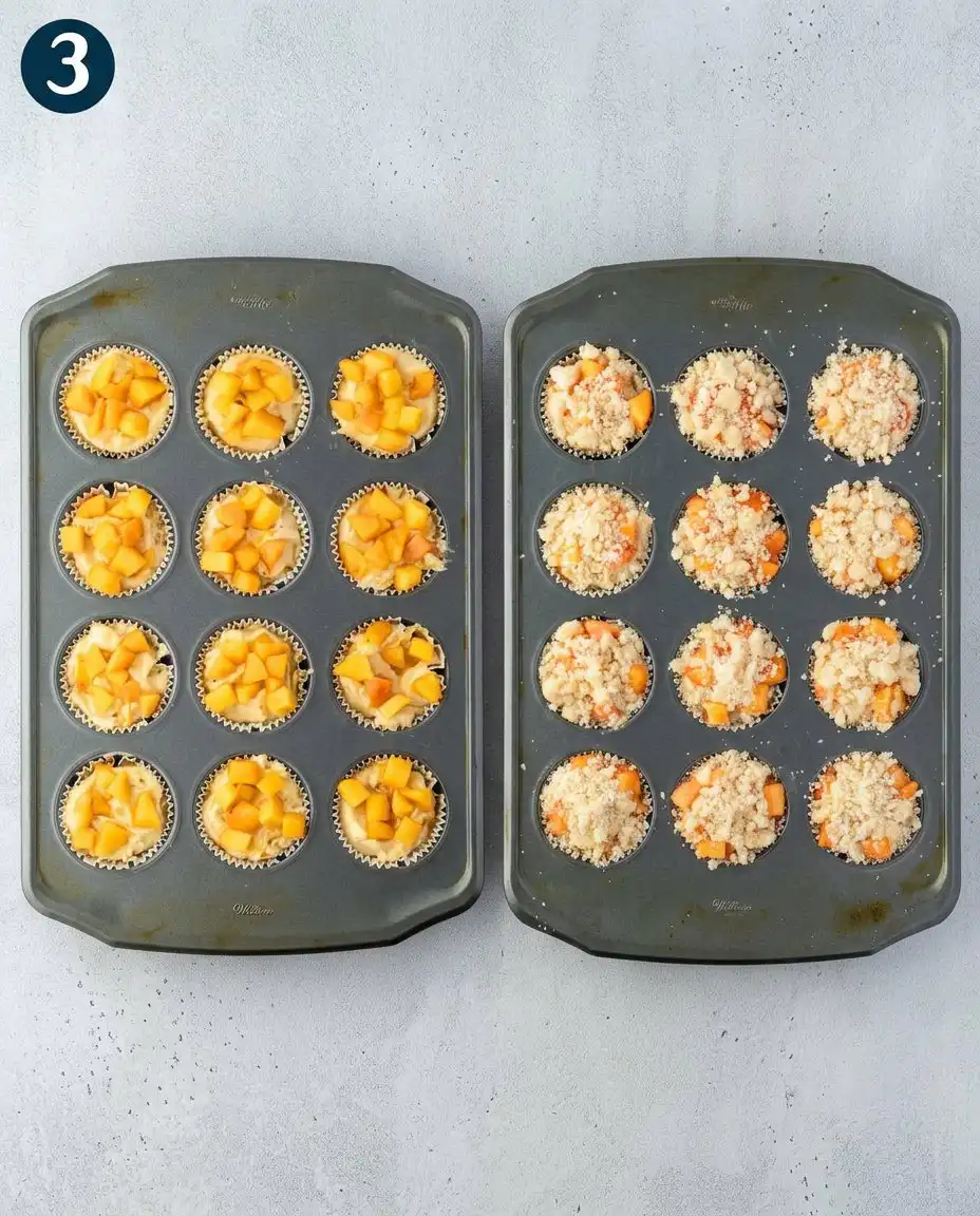 A detailed shot of the buttery streusel topping on a peach muffin before baking.