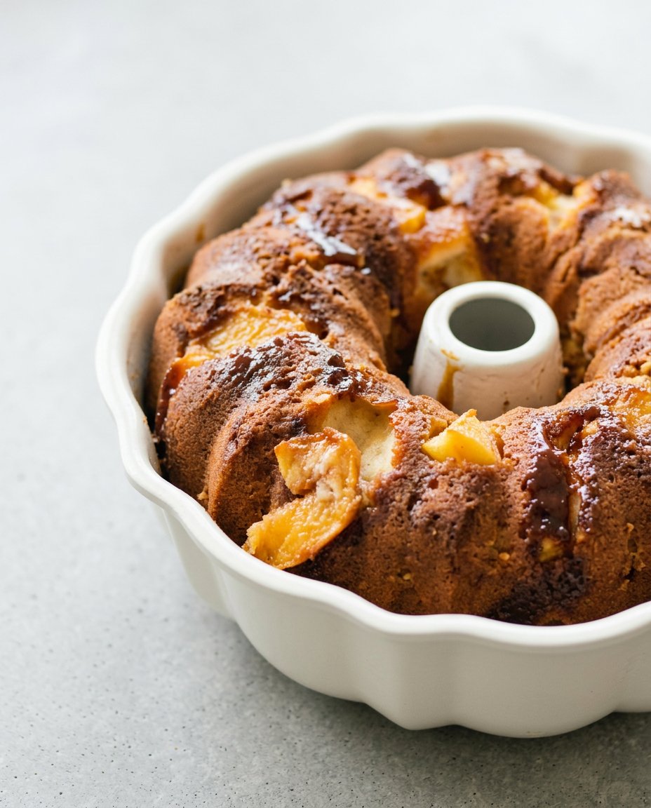 Peach Cobbler Pound Cake 16 A thick slice of Old-Fashioned Peach Cobbler Pound Cake Recipe served on a white plate.