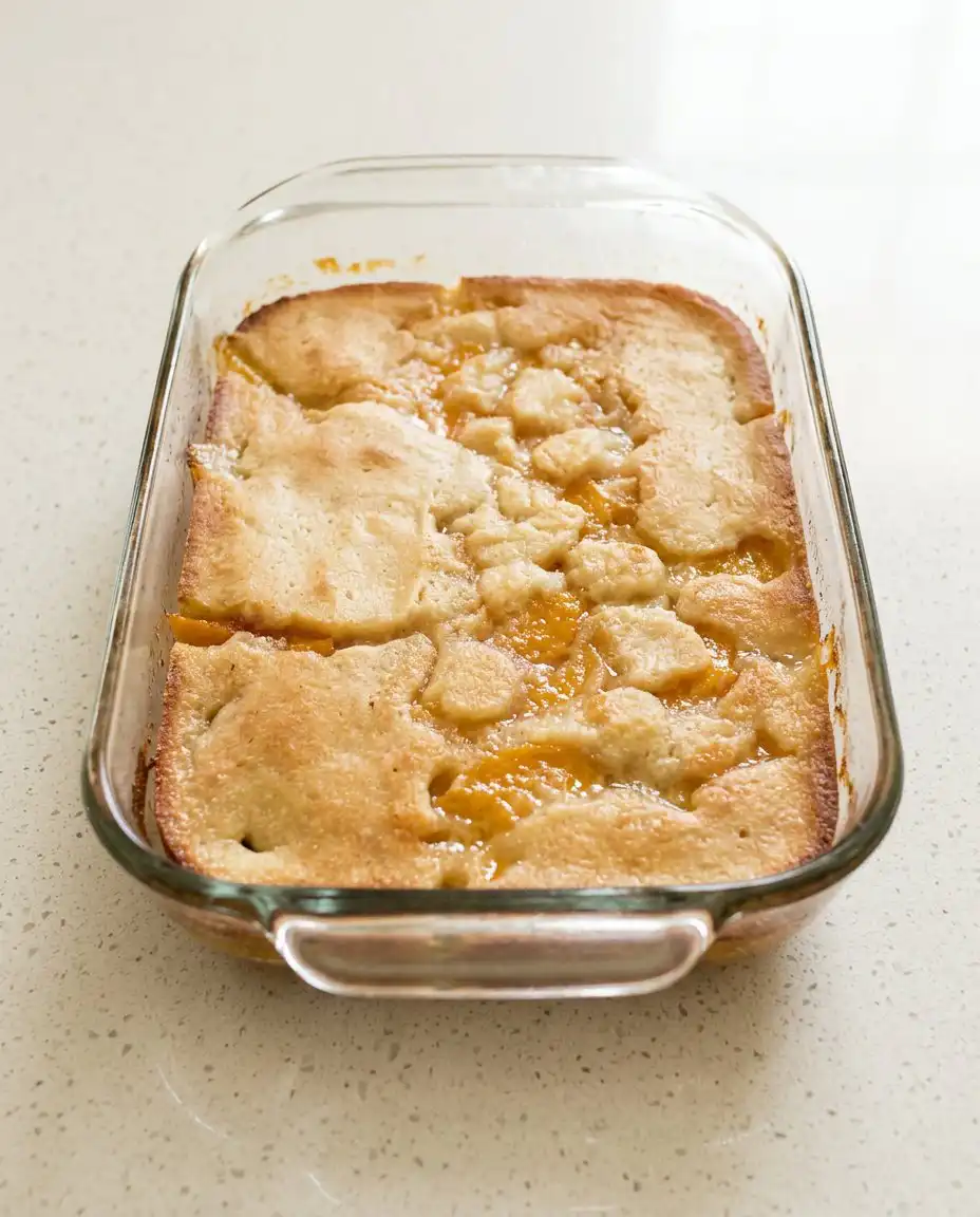 Peach Cobbler with Canned Peaches 16 A bowl of Peach Cobbler with Canned Peaches topped with vanilla ice cream.