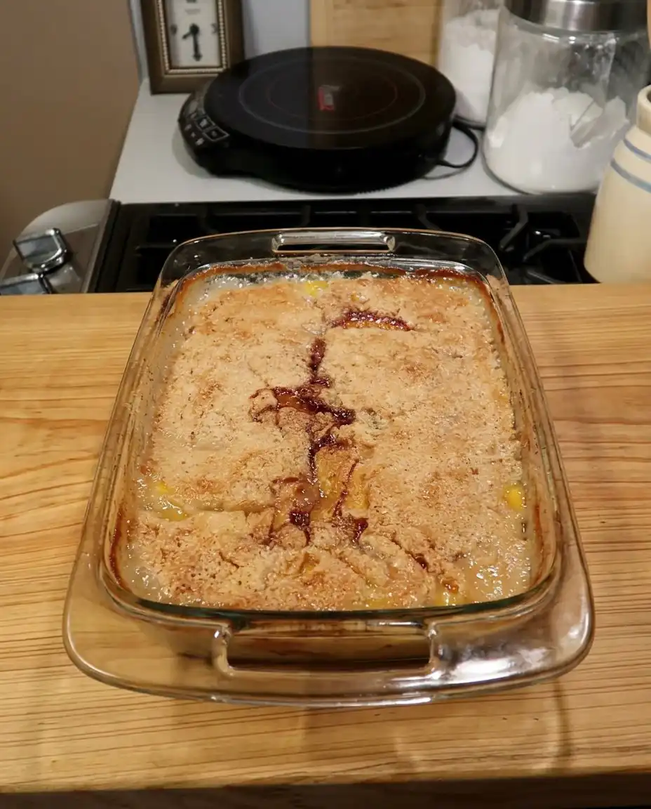 A bowl of warm peach cobbler topped with a melting scoop of vanilla ice cream