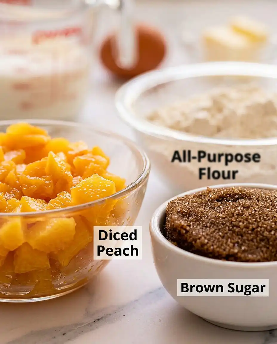 Bowls containing measured flour, sugar, melted butter, and diced peaches on a kitchen scale.