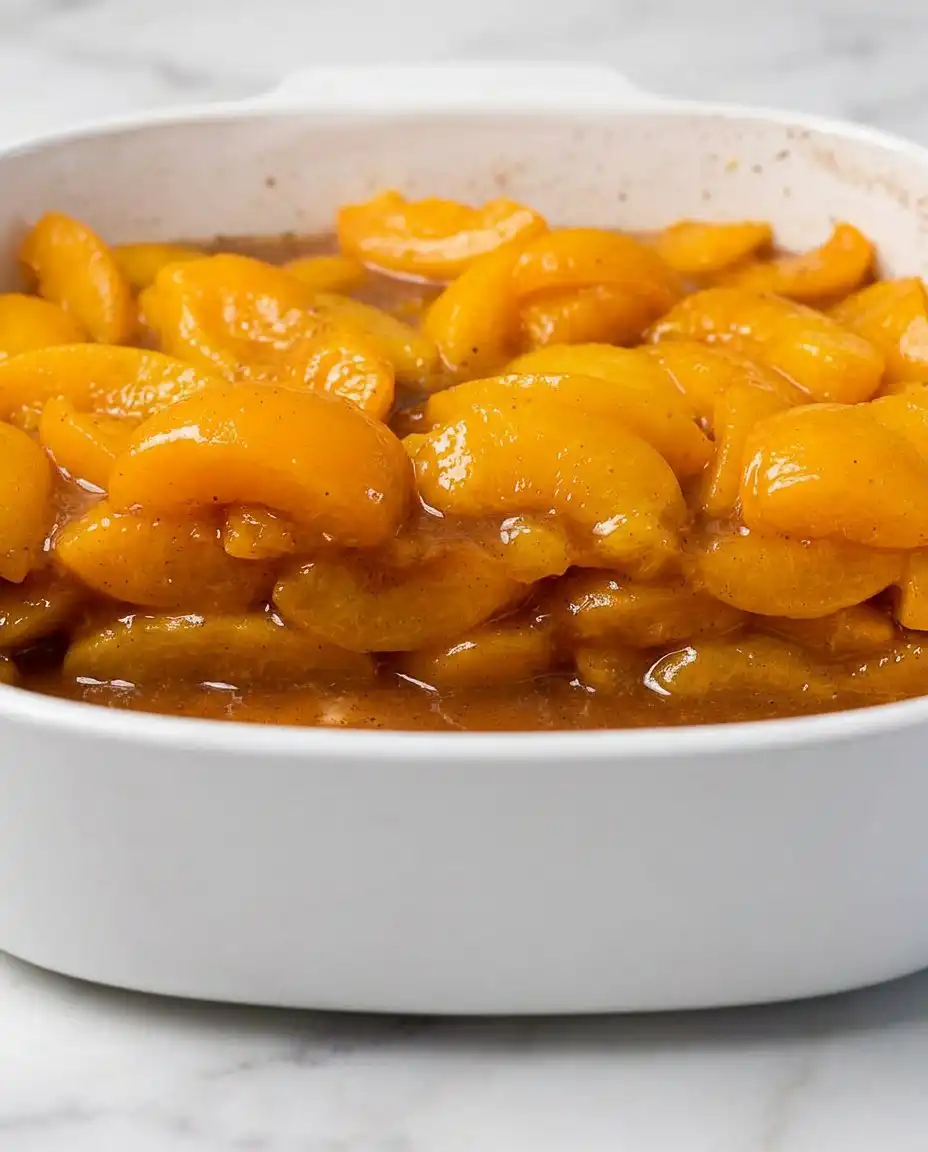 Cans of peach pie filling next to a box of vanilla cake mix and sticks of butter
