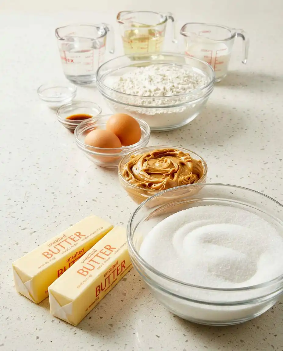 Old-Fashioned Peanut Butter Cake 12 Ingredients for peanut butter cake including buttermilk, peanut butter, and measured flour.