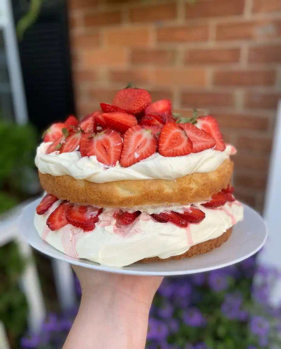 Strawberry ‘Shortcake’ Layer Cake 14 A single slice of strawberry layer cake on a white plate with a fork